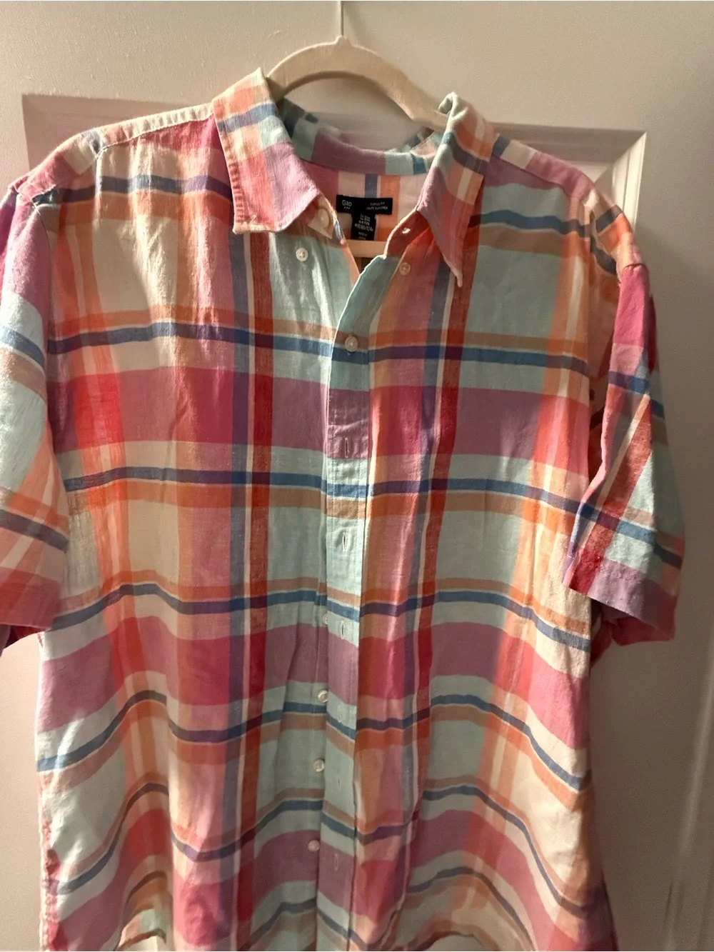 GAP Pastel Plaid Short-Sleeve Button-Down Shirt - Pink/Blue/Cream